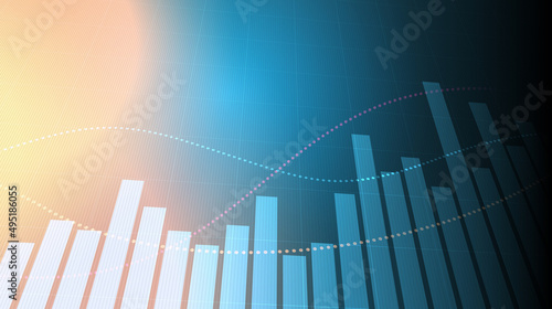 Widescreen financial graph with uptrend line and bar chart of stock market on blue color background