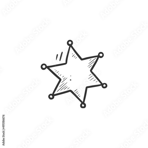 Hand drawn sheriff star element. Comic doodle sketch style. Cowboy, western concept icon. Isolated vector illustration.