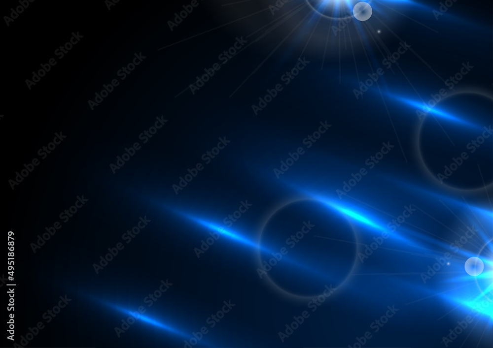 Abstract black background with blue neon glowing stripes. Vector technology design