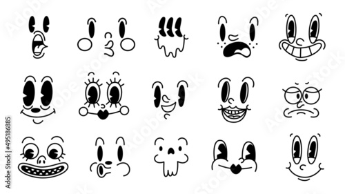 Retro 30s cartoon and comics characters faces. Traditional emotions vector elements. Vintage characters creator for trending illustration.