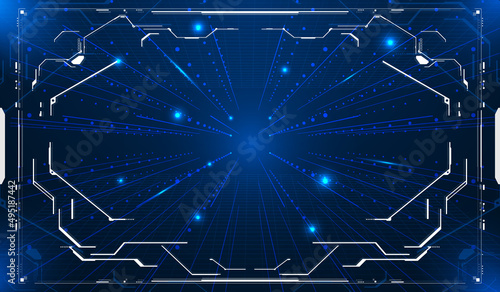 HUD User Screen Interface Futuristic Modern Technology Design Virtual Reality Display Vector.
Stream Grid Pattern and Dots Lines Connection Tunnel Structure with Glow Star Illustration.