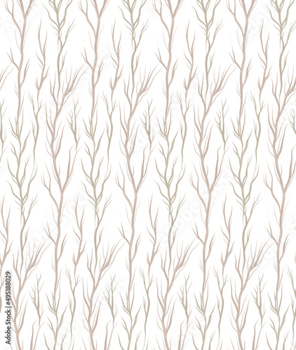 Seamless natural vector pattern with twigs and sprigs on a white background. Wooded texture in pastel colors. Fabric swatch
