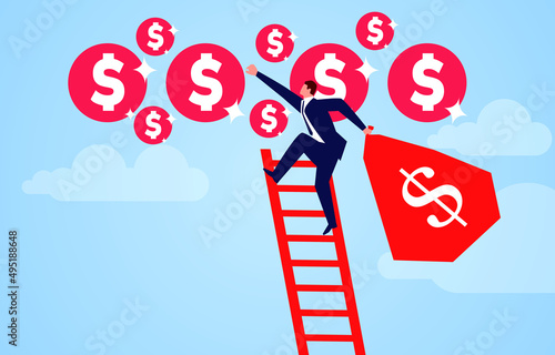 Ambitious businessman holding a huge money bag climbing the top of a ladder to pick up a bunch of gold coins in mid-air, achieving business goals and business plan.