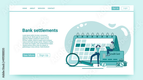 Bank settlements.People make bank payments and calculate interest rates.An illustration in the style of a green landing page.