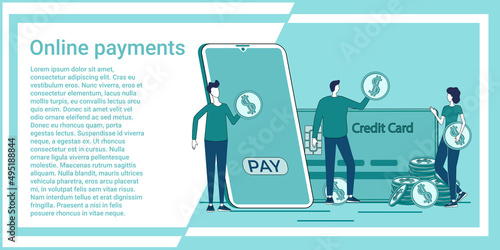 Online payments.Payment and purchase using an application installed on a smartphone.An illustration in the style of a green landing page.