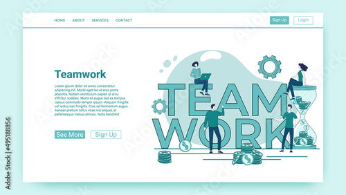 Teamwork.People work together on business projects.An illustration in the style of a green landing page.