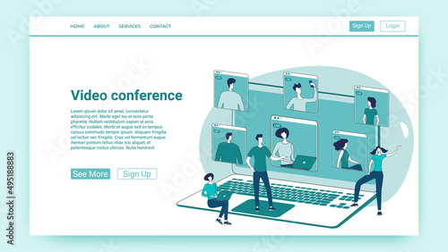 Video conference.People communicate and solve business issues using an Internet connection.An illustration in the style of a green landing page.