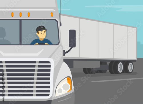 Heavy vehicle driving. Truck driver checking rear mirror while moving back. Close-up front view of a trailer. Flat vector illustration template.