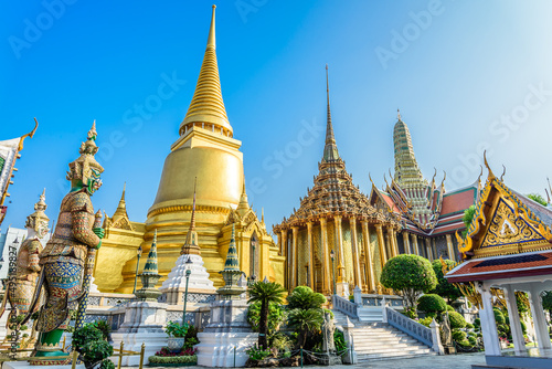 Wat Pra Kaew temple, The Grand Palace landmark in blue sky background, Bangkok Thailand.