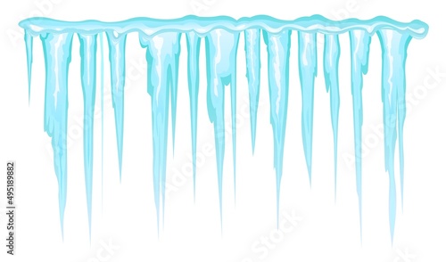 Ice blue icicles. Frozen water drip. Winter object roof. Isolated on white background. Vector