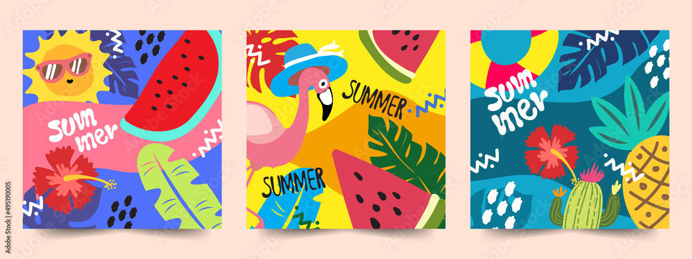 summer cards poster banner watermelon pineapple flamingo sun background tropical