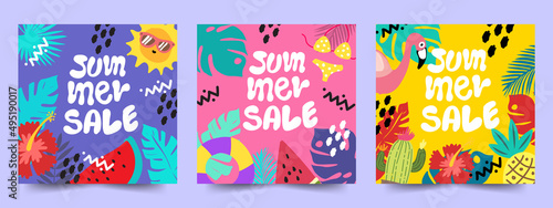 ummer sale cards poster banner watermelon pineapple flamingo sun background tropical