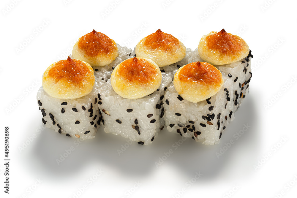 Baked sushi with cheese and black sesame seeds on a white background, close-up Baked sushi with cheese and black sesame seeds on a white background, close-up