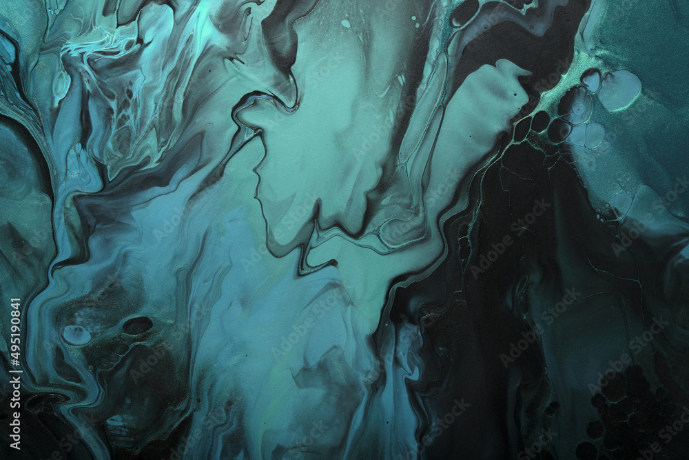 Fluid Art. Blue and green abstract waves on black background. Marble effect background or texture