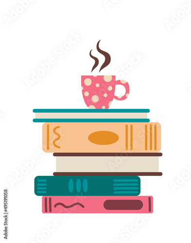 A cup of tea on a stack of books. Vector flat illustration, isolated, cartoon, clipart.