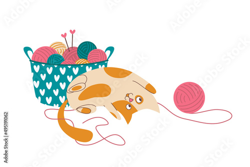 Cat playing with ball of yarn, and knitting basket with colorful skeins of wool yarn and needles. Vector flat illustration, isolated, cartoon, clipart.