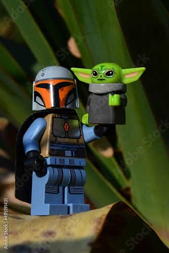 LEGO Star Wars figure of Mandalorian with black coat holding The Child Grogu  alias Baby Yoda figure in his left hand, while standing on leaf of Yucca  plant, spring daylight sunshine. Stock Photo | Adobe Stock