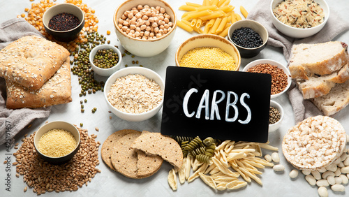 Best sources of carbs on light gray background.