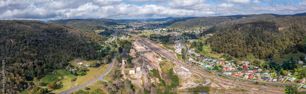 Drone aerial panoramic photograph of the Lithgow Train Maintenance facility in the Blue Mountains in Australia
