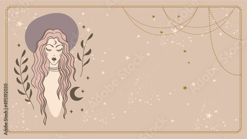 Beautiful boho girl with long hair in a hat, esoteric female banner for text, template for astrology, flyer, tarot cover. Beautiful fashionable woman sketch, vector illustration, modern background.