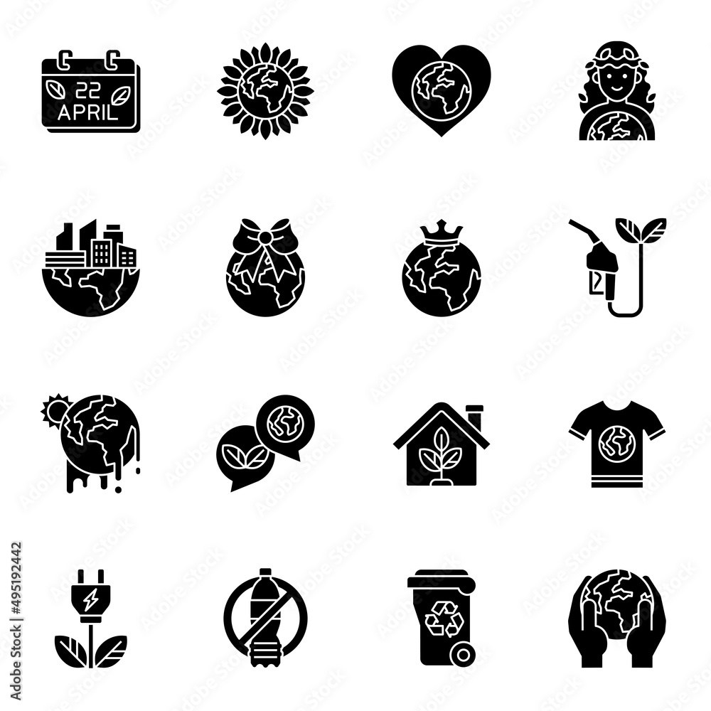 Earth day and ecology black glyph icons set 2 with white background. Earth day and ecology black glyph icons set 2 with white background.