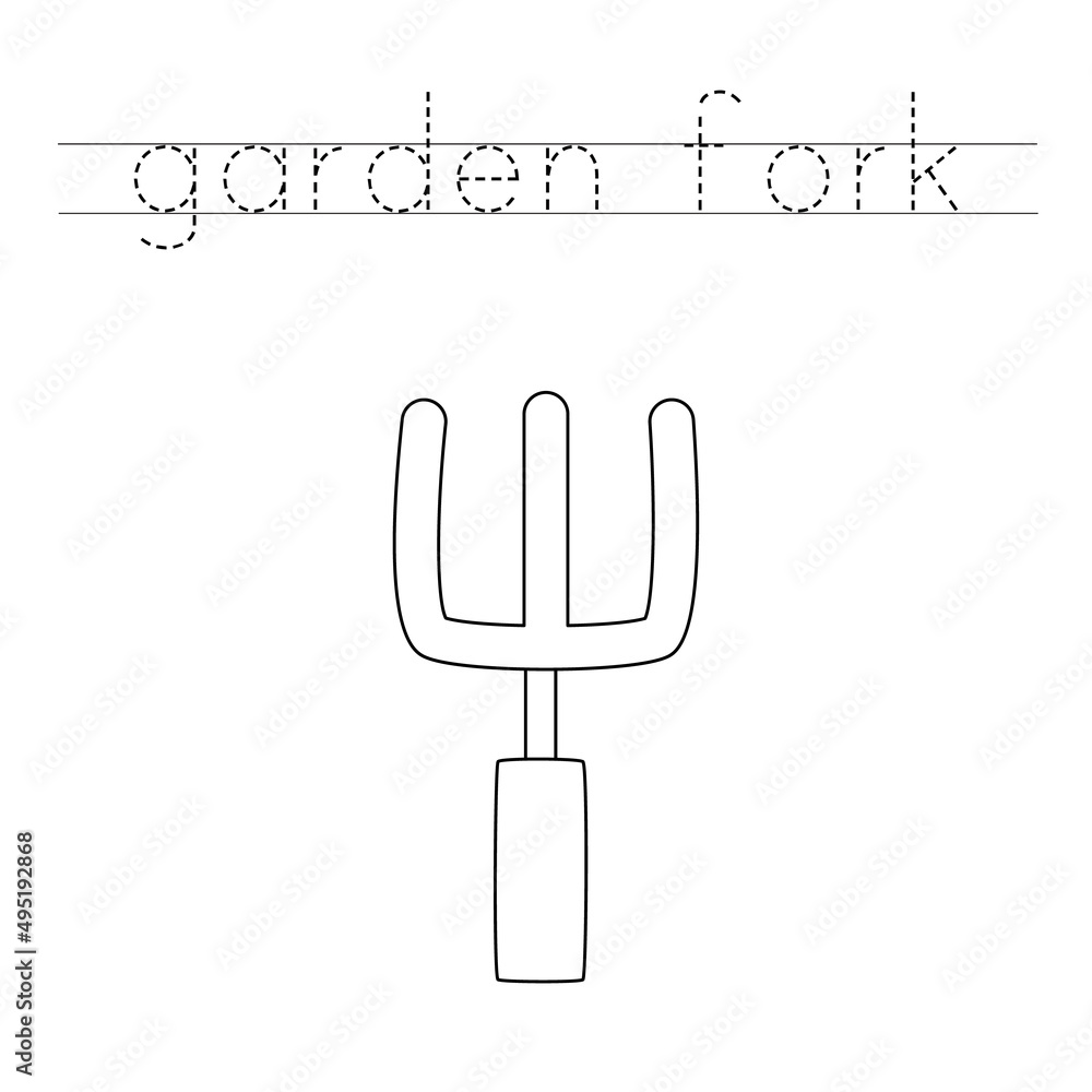 Fototapeta premium Trace the letters and color garden fork. Handwriting practice for kids.
