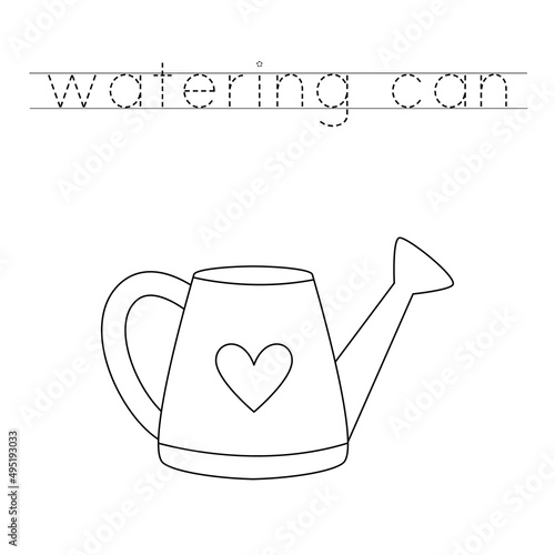 Trace the letters and color watering can. Handwriting practice for kids.