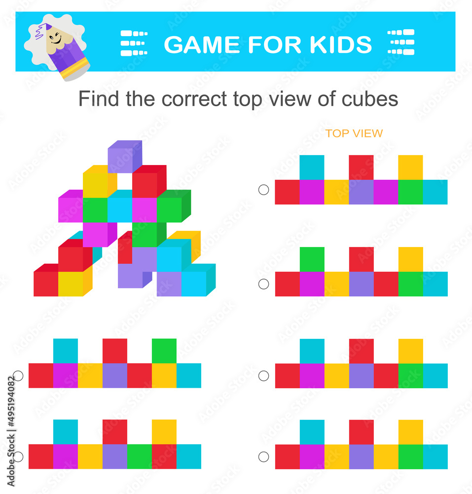 Fototapeta premium Logic game for kids. Find the correct top view of cubes. Attention tasks for children. IQ training test