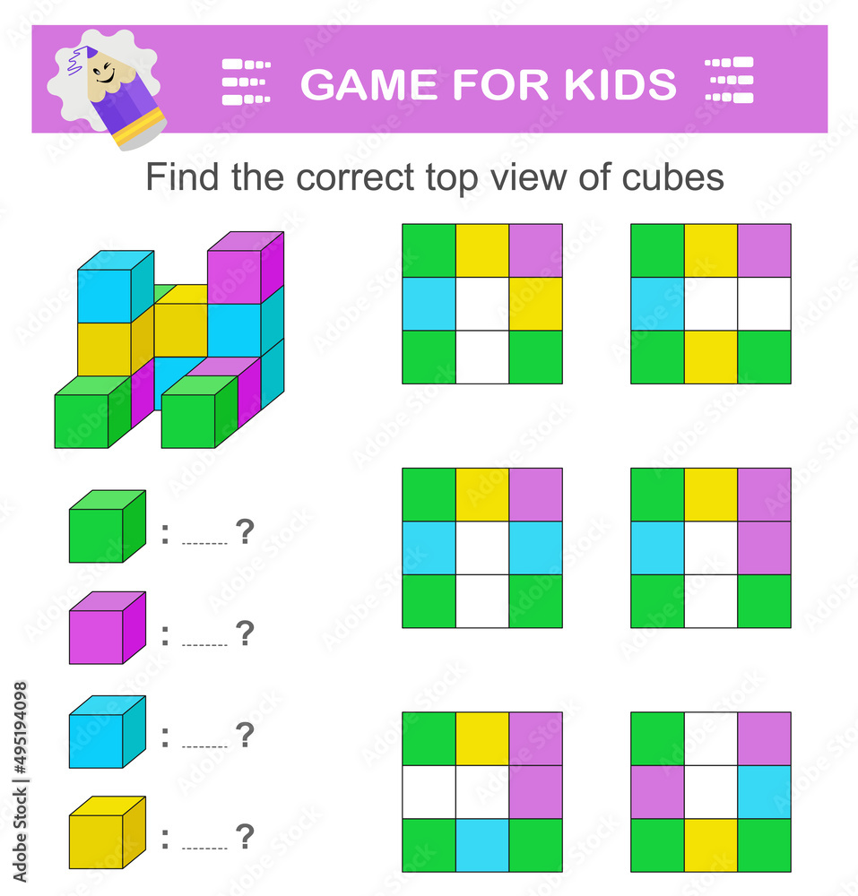 Find the correct top view of cubes. Logic game. Attention tasks for children. IQ training test