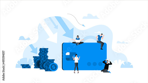 People panicking next to credit card and stack of coins. Animation ready duik friendly vector. Conceptual business story. Financial crisis, economic recession, bankruptcy, depression. photo