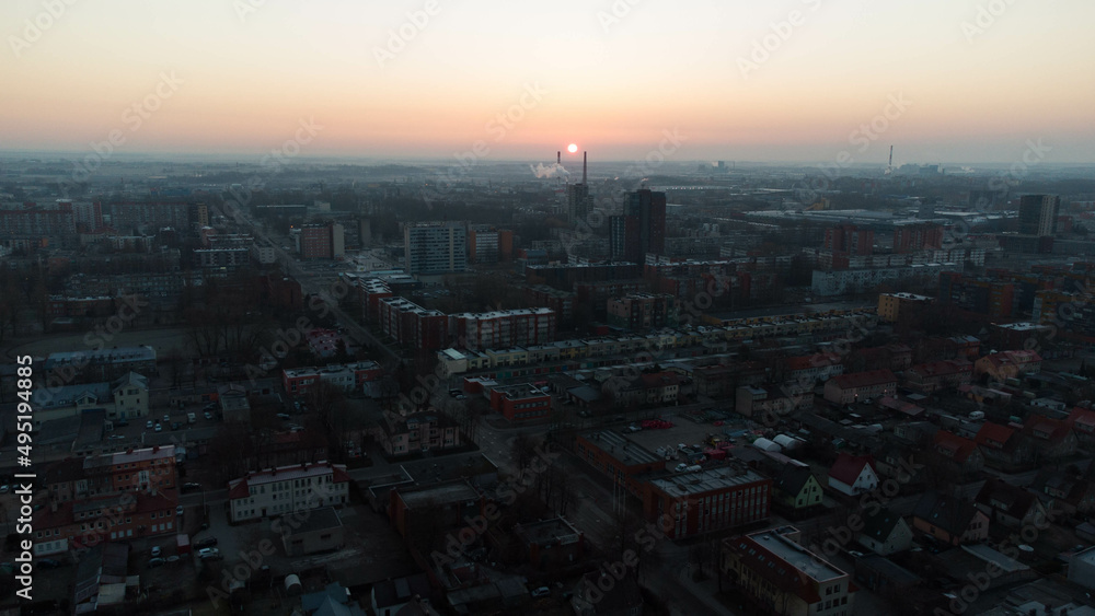 Aerial drone view for sunrise in Klaipeda