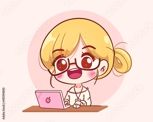 Cute girl working with laptop logo banner hand drawn cartoon art illustration