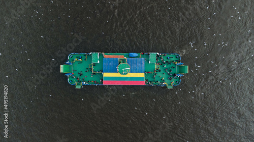 Canvastavla Aerial view for ferry at Klaipeda with Lithuanian flag