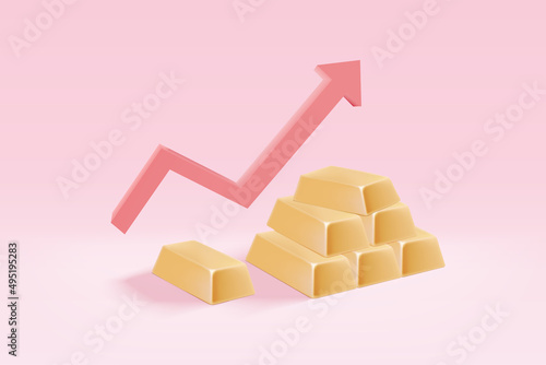 3d gold bar arrangement and red arrow up. Business gold future and financial in trade concept. Money trade and safe investment, earning growth. 3d vector gold bar render on pink background photo