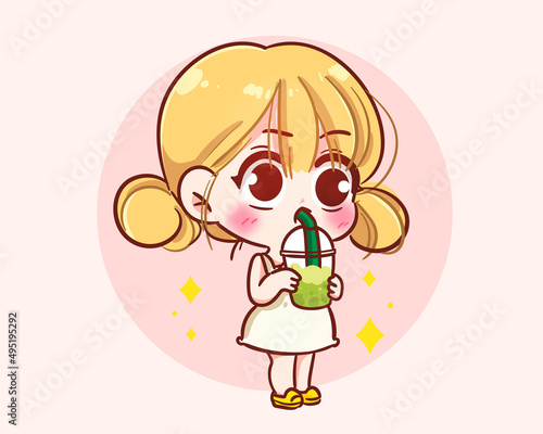 Cute girl drinking bubble tea logo banner hand drawn cartoon art illustration