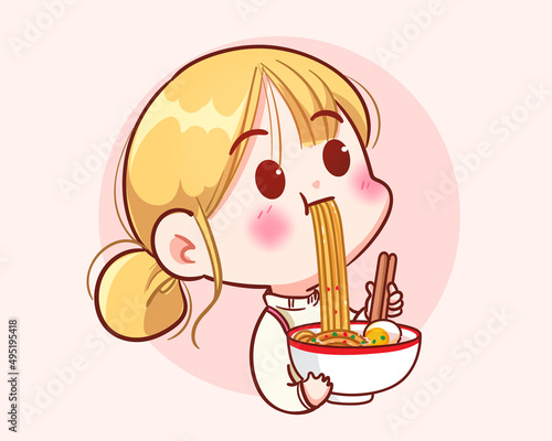Cute girl eating noodle logo banner hand drawn cartoon art illustration