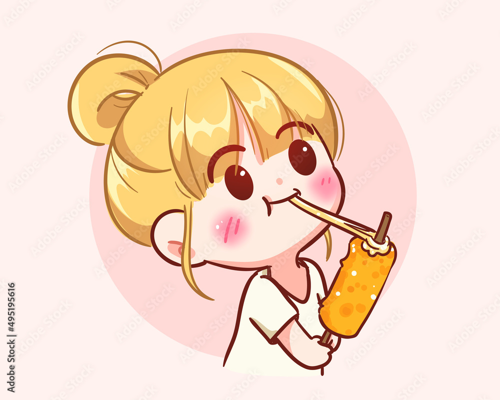 Cute girl holding and eating cheese stick fast food logo banner hand drawn cartoon art illustration Cute girl holding and eating cheese stick fast food logo banner hand drawn cartoon art illustration