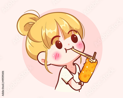 Cute girl holding and eating cheese stick fast food logo banner hand drawn cartoon art illustration