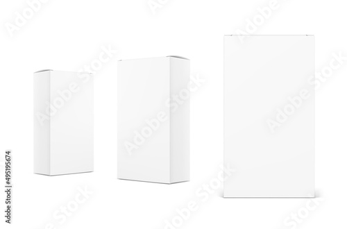 Realistic cardboard boxes mockup set. Front and perspective views. Vector illustration. Can be use for food, medicine, cosmetic and etc. Ready for your design. EPS10.	