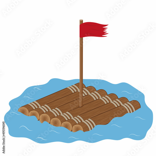 wooden raft with flag, color isolated vector illustration in cartoon style