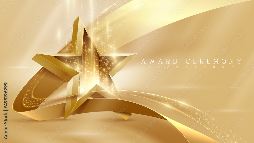 3d gold star with ribbon element and glitter light effect decoration and bokeh and beam. Luxury award ceremony background. - obrazy, fototapety, plakaty 