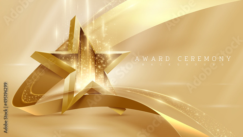 3d gold star with ribbon element and glitter light effect decoration and bokeh and beam. Luxury award ceremony background. photo