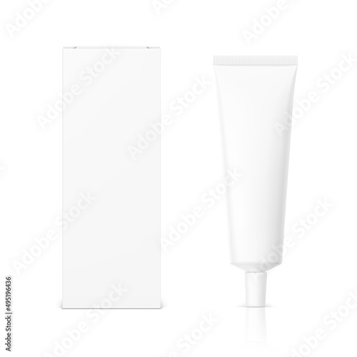 Tube with box set. Can be used for cosmetic, medical, gels, creams, shampoo and pastes. Vector illustration isolated on white background. Taking your flat design into 3D. EPS10.