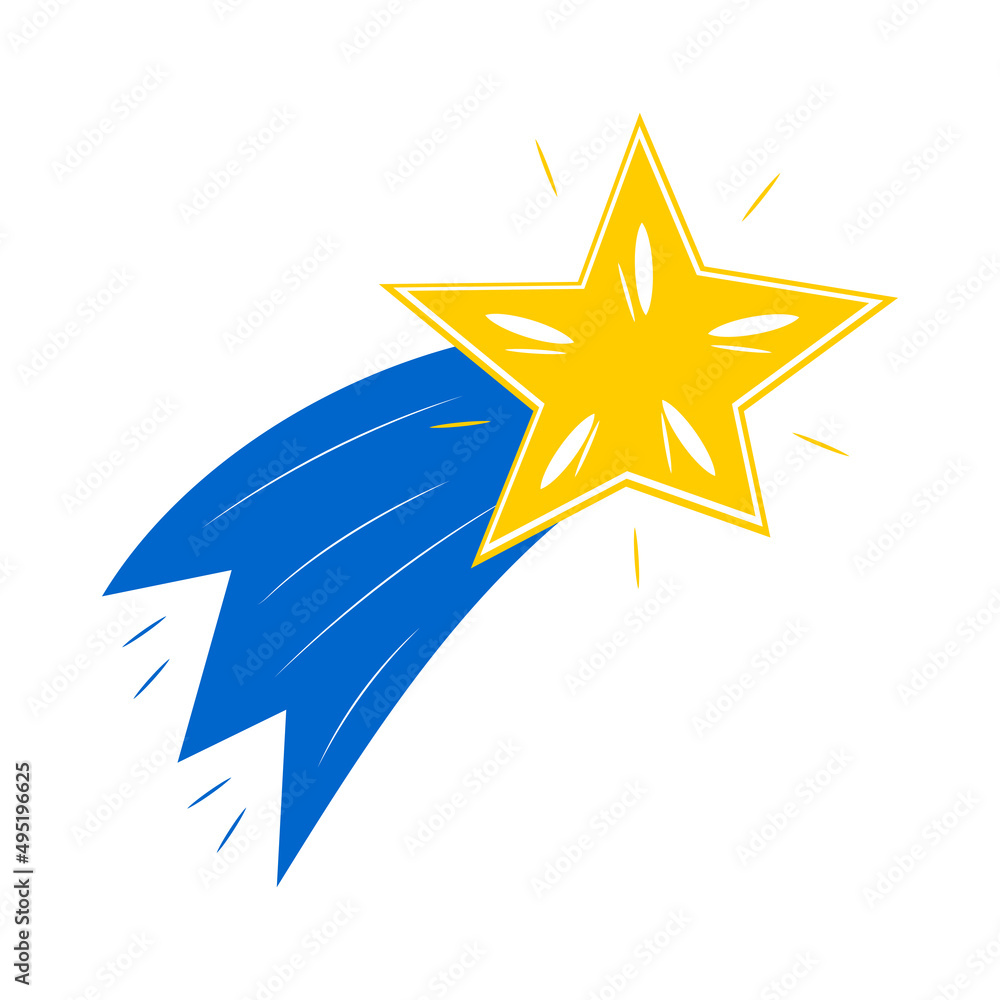 Yellow star with a blue tail. Comet isolated on white background. Yellow star with a blue tail. Comet isolated on white background.