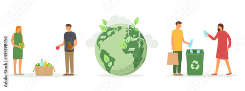 Planet earth with renewable energy, recycling plastic garbage in trash can, people and vegan food. Concept conservation and environmental protection.