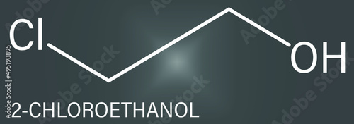 Ethylene chlorohydrin or 2-Chloroethanol molecule. Side product formed during ethylene oxide sterilization. Skeletal formula.