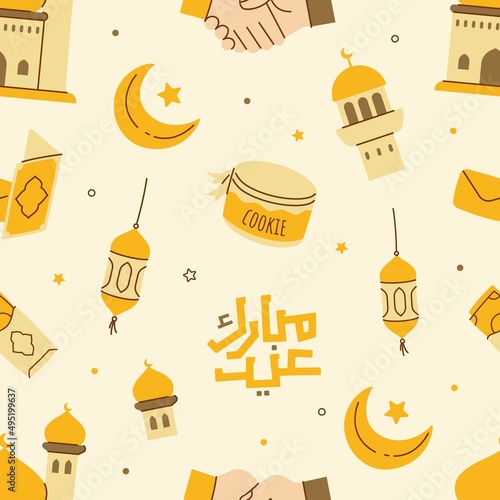 Hand drawn eid mubarak or idul fitri doodle clip art seamless pattern vector illustration
