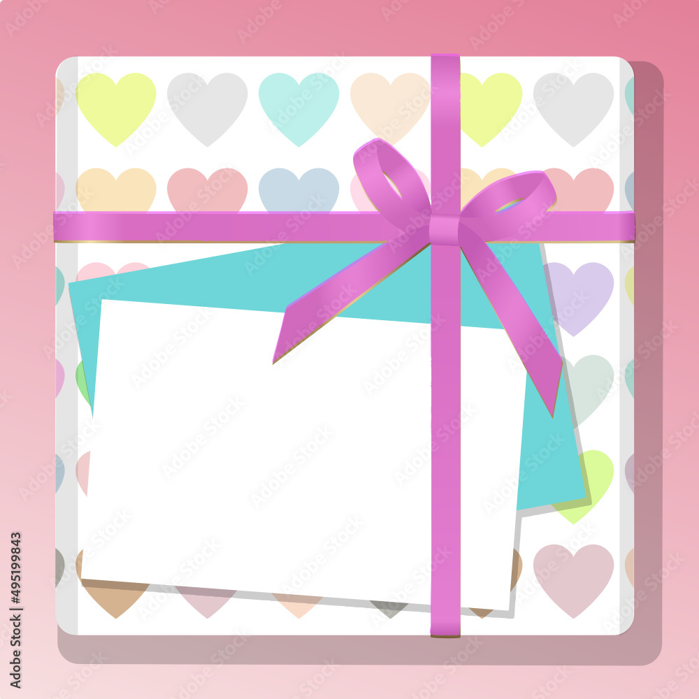 A gift wrapped with colorful heart pattern and thin hot pink   ribbon, a white card for you to write the message and an envelope put underneath, on a pink background, vector.
