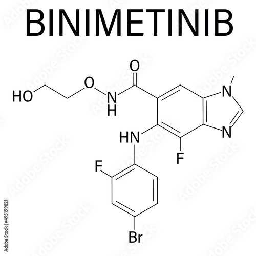 Binimetinib cancer drug molecule (MEK inhibitor). Skeletal formula.	