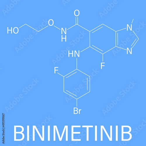 Binimetinib cancer drug molecule  MEK inhibitor . Skeletal formula. 